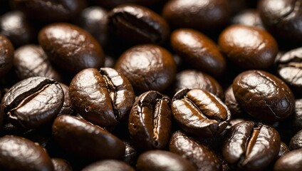 Obraz premium A close-up view of a dark roasted rich brown colored coffee beans. 