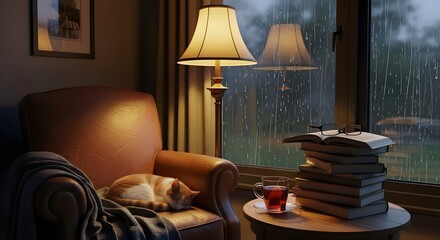 Obraz premium Reading nook study room cozy and calm with books, comfortable sofa, lamp, glass of tea, cat and the rain that can be seen from the window