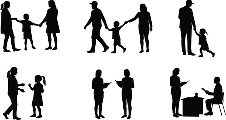 Family interaction silhouette set, parents and children, reading, walking, holding hands, educational activity vector illustrations, school and home life