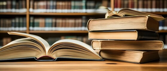 Open Book on Wooden Table with Stack of Old Books and Library Background