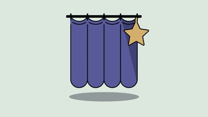 Cartoon illustration of purple curtains with a gold star accent on a light background