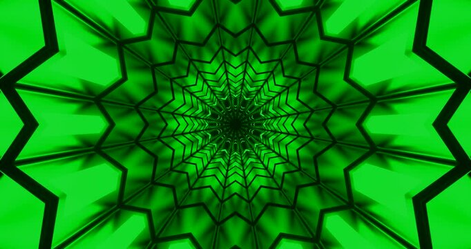 Abstract digital tunnel in bright green tones with sharp black zigzag lines creating geometric depth