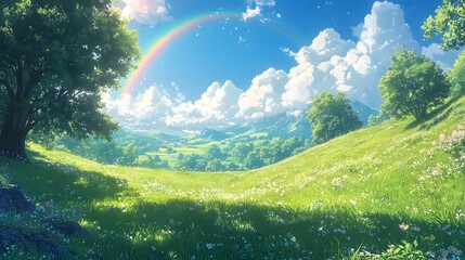 Obraz premium A vibrant, idyllic landscape featuring a rolling hill, lush green grass, colorful wildflowers, and a majestic rainbow arching across a brilliant blue sky.