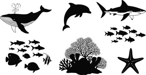 Marine life silhouette vector set, whale, shark, dolphin, fish, coral reef, starfish clipart, underwater ocean animals illustration