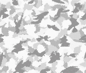Abstract halftone seamless camouflage pattern. Repeating digital dotted hexagonal camo military texture background. Abstract modern fabric textile ornament. Vector illustration.