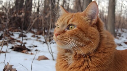 Ginger Cat in Snowy Winter Woods Portrait