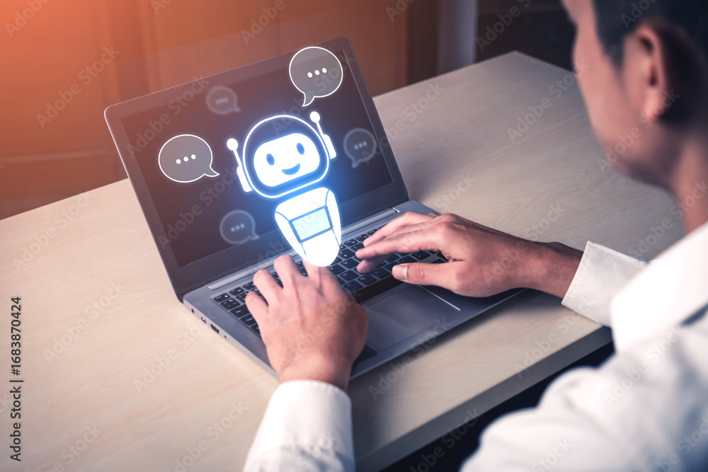 Poster ai chatbot virtual assistant interacting with users through ai conversation bubbles, symbolizing ai 