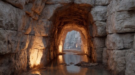 Fototapeta premium Rocky Cave Tunnel With Water And Warm Lighting. Natural Stone Passageway Illuminated By Soft Lights