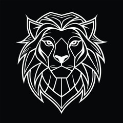 Fototapeta premium White geometric line art of a lion's head on a black background face