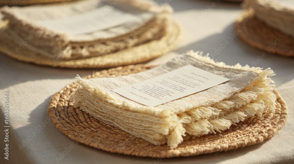 Poster folded linen napkins on woven placemats with menu card. elegant table setting for event