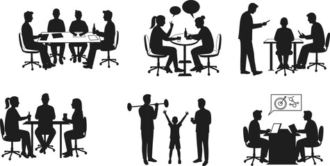 Silhouettes of business meetings, casual conversations, brainstorming, teamwork, and group activities in office and social environments