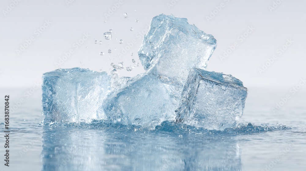 Poster ice cubes splashing in water with droplets. refreshing and cooling concept for beverages