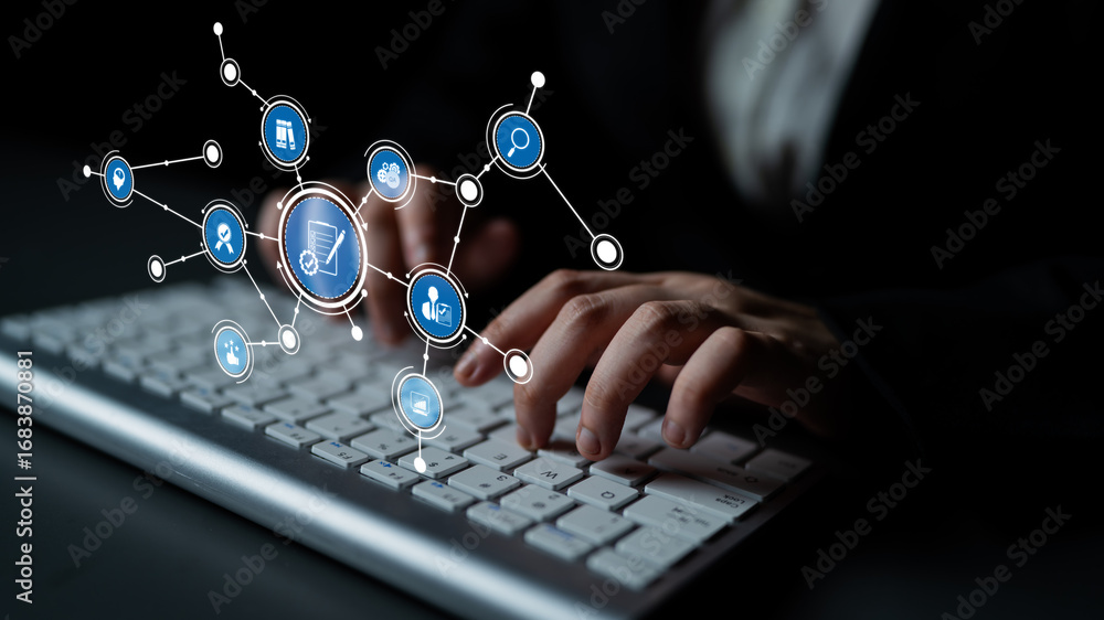 Poster a close-up view of hands typing on a modern keyboard, surrounded by digital icons that symbolize onl