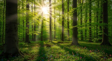 Beautiful misty morning sunbeams light the autumn woodland path