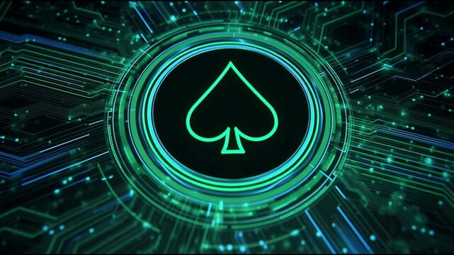 Futuristic digital spade symbol neon green circuit technology abstract glowing background with spade icon center, surrounded by electronic lines, vibrant energy, cyber poker casino game