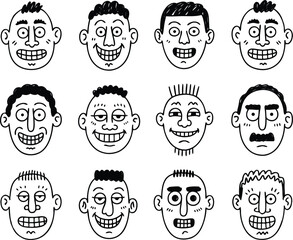Set of black and white hand-drawn doodle male character faces vector illustration
