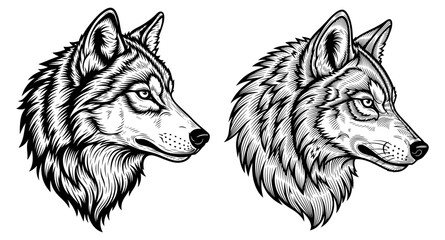 Vector art of two detailed black and white illustration heads of wolves in profile