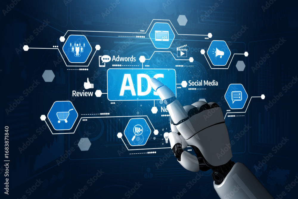 Poster a robotic hand reaches out to engage with a vibrant digital advertising interface, symbolizing the i