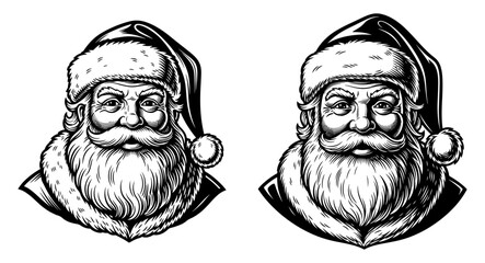 Vector art of two detailed illustrations of santa claus faces with beards and hats