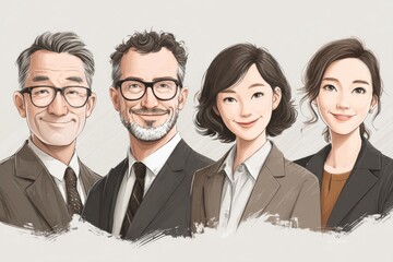 Four professionals from diverse backgrounds smiling, showcasing teamwork, leadership, and inclusion