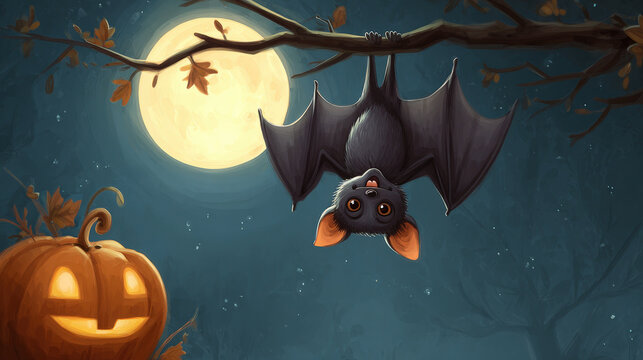 Cartoon Halloween Scene with Smiling Bat and Glowing Jack-o'-Lantern