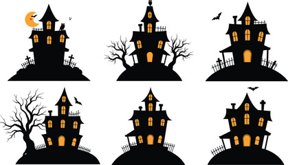 Spooky haunted houses on hills with glowing windows, bats, full moon, and trees for Halloween night illustration set