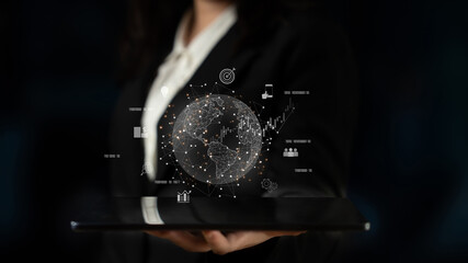 Global business network connecting digital economy and data exchange. Global business expands market, business shares data, global drives finance, and global business supports insight. Latch