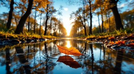 A single autumn leaf floats on the surface of a puddle in a forest, reflecting the golden light of the setting sun