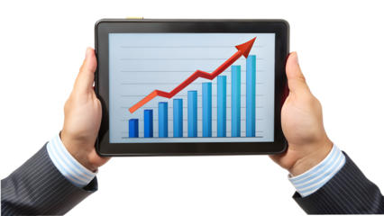Hands holding tablet with growth chart isolated on transparent background, representing business success, financial increase, and market investment
