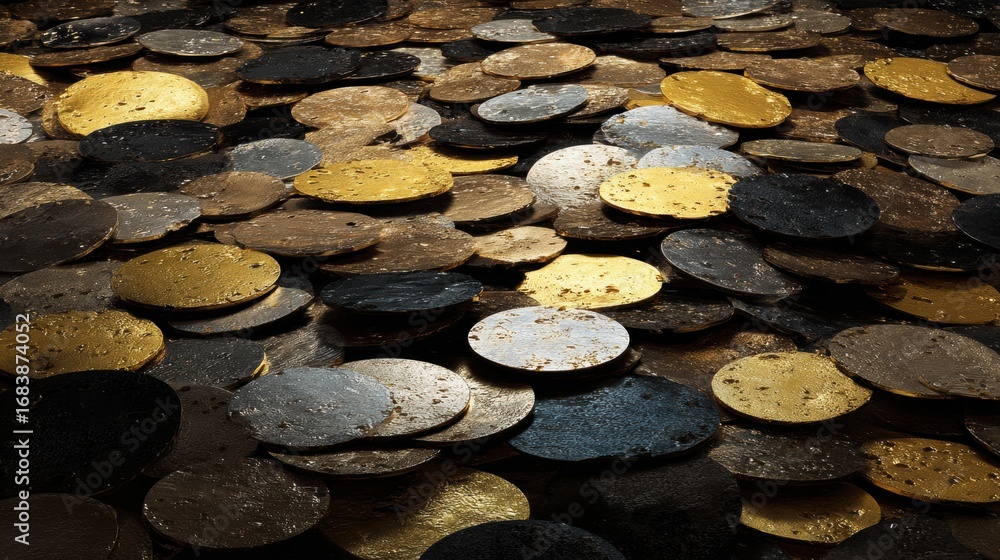 Poster a diverse collection of metallic coins in various shades is scattered across a dark surface, creatin