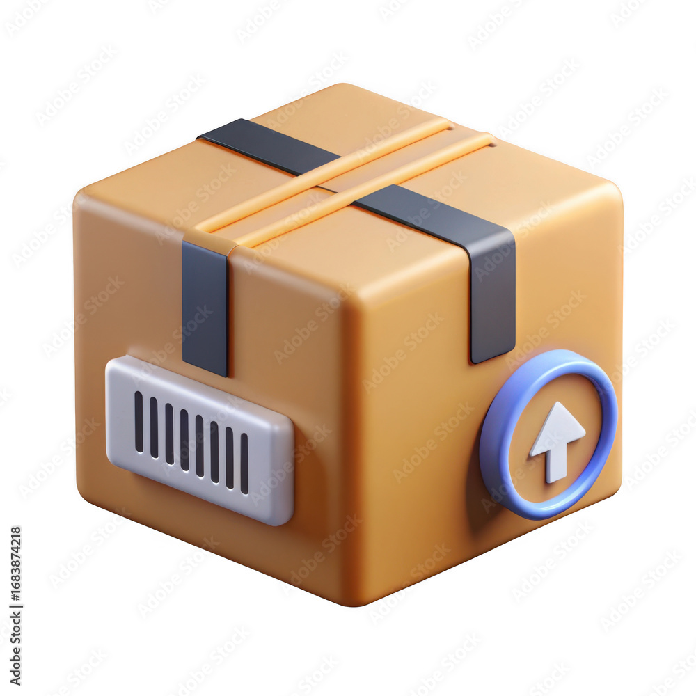 Poster 3d cardboard shipping box with barcode and upload icon transparent background