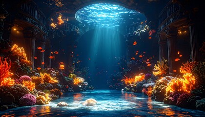 Obraz premium Underwater wonderland filled with colorful coral and lively fish during a tranquil night