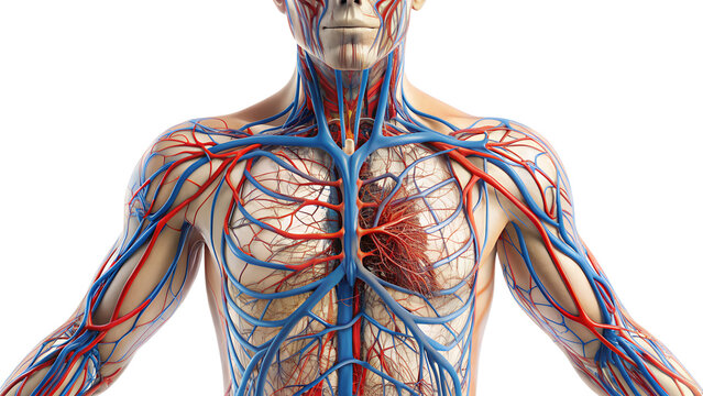 Detailed anatomical illustration of the human vascular system, showcasing arteries, veins, and heart isolated on transparent background