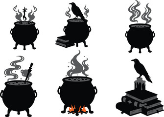 Witch cauldrons boiling with potions and smoke – spooky Halloween illustration with spellbooks, crows, candles, and magical potion steam