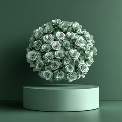 Minimalist green backdrop with angled podium made of roses, elegant product display