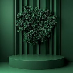 Minimalist green backdrop with angled podium made of roses, elegant product display