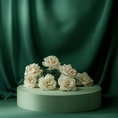 Minimalist green backdrop with floral podium, elegant product display with flowers