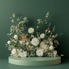 Minimalist green backdrop with floral podium, elegant product display with flowers