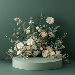 Minimalist green backdrop with floral podium, elegant product display with flowers