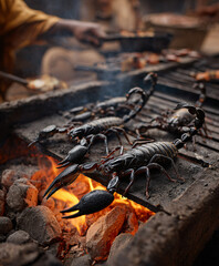 Grilled scorpions over open flame on traditional barbecue grill.