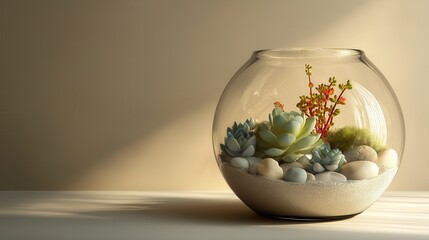 Elegant terrarium with succulents and red accent plant.