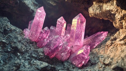 Photorealistic pink quartz mine with crystal formations, natural light