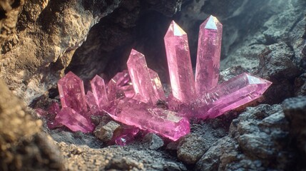 Photorealistic pink quartz mine with crystal formations, natural light