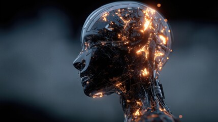 Futuristic black robotic head glowing with orange light details.