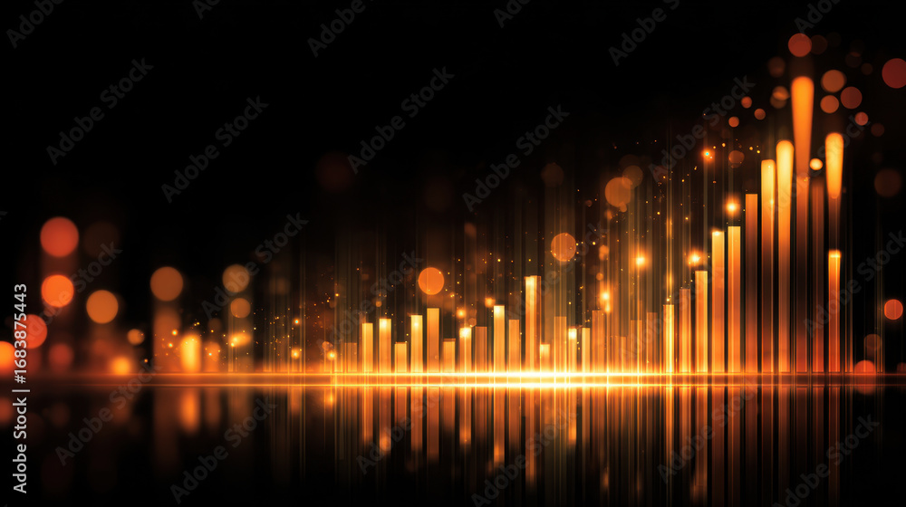 Poster abstract digital background featuring glowing orange bars and bokeh lights, creating sense of growth