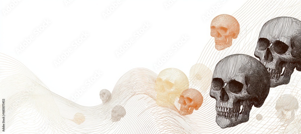 Poster minimalist halloween border with skulls and web patterns on white background
