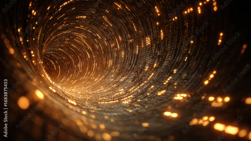 Poster mesmerizing digital tunnel filled with glowing particles creates sense of depth and movement, evokin
