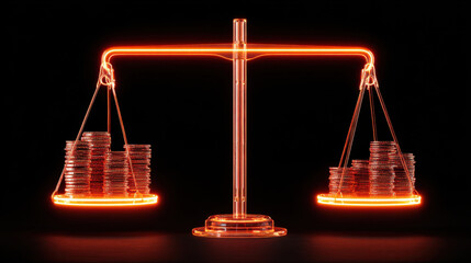 Glowing scale balances stacks of coins, symbolizing financial equity and justice. vibrant orange light highlights importance of balance in wealth distribution and economic fairness