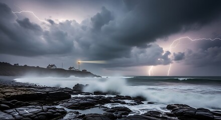 Obraz premium Dramatic Stormy Ocean Waves Crashing on Rocky Shore.