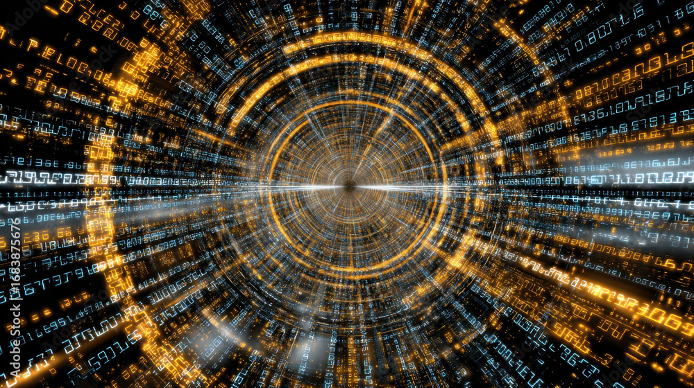 Poster digital tunnel with glowing binary code, representing data flow and technology. vibrant colors creat